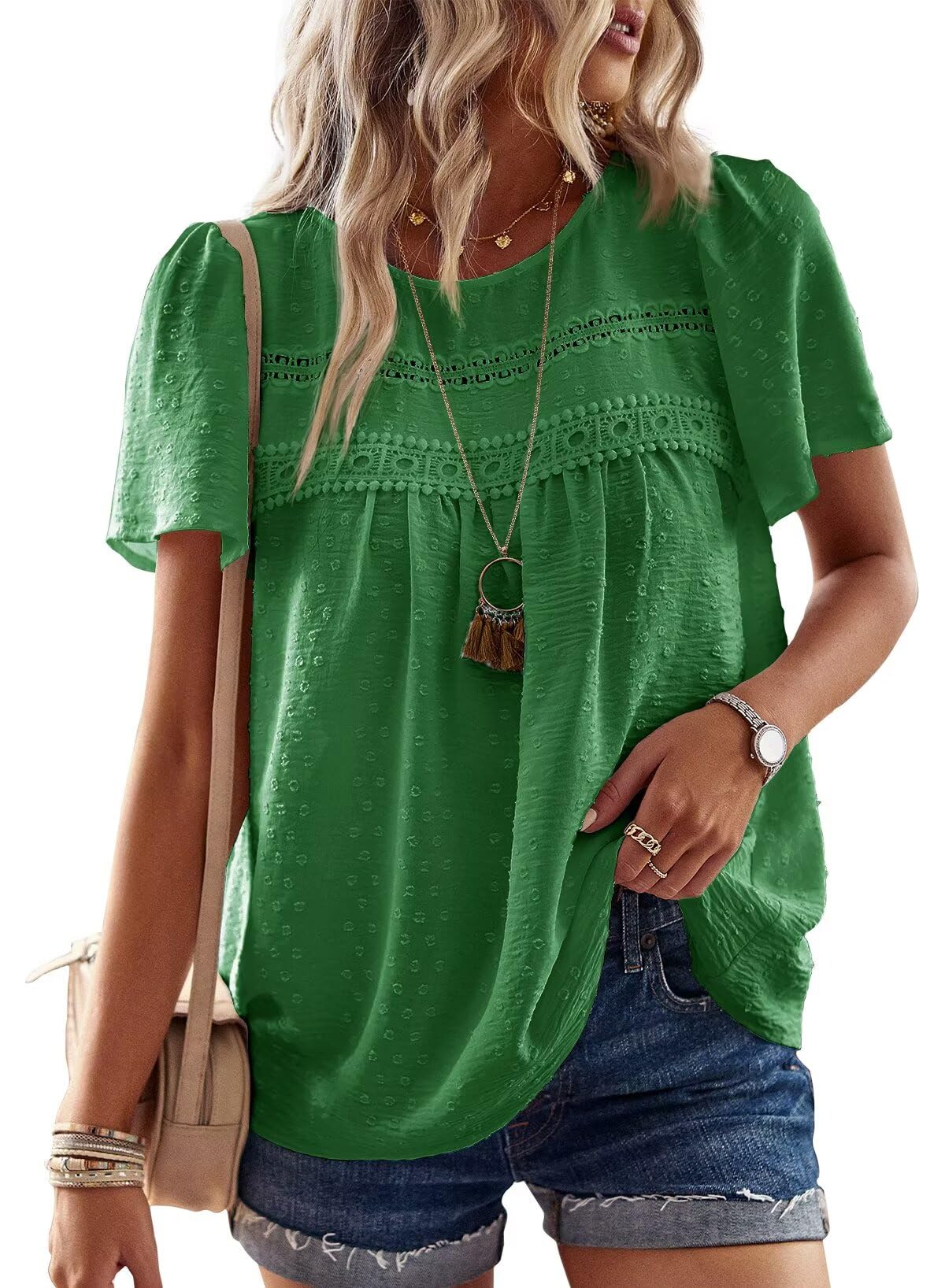 Falechay Womens Summer Tops Crewneck Short Sleeve Shirts Casual Chiffon Blouses Flowy Lace Hem Boho Clothing Trendy 2026