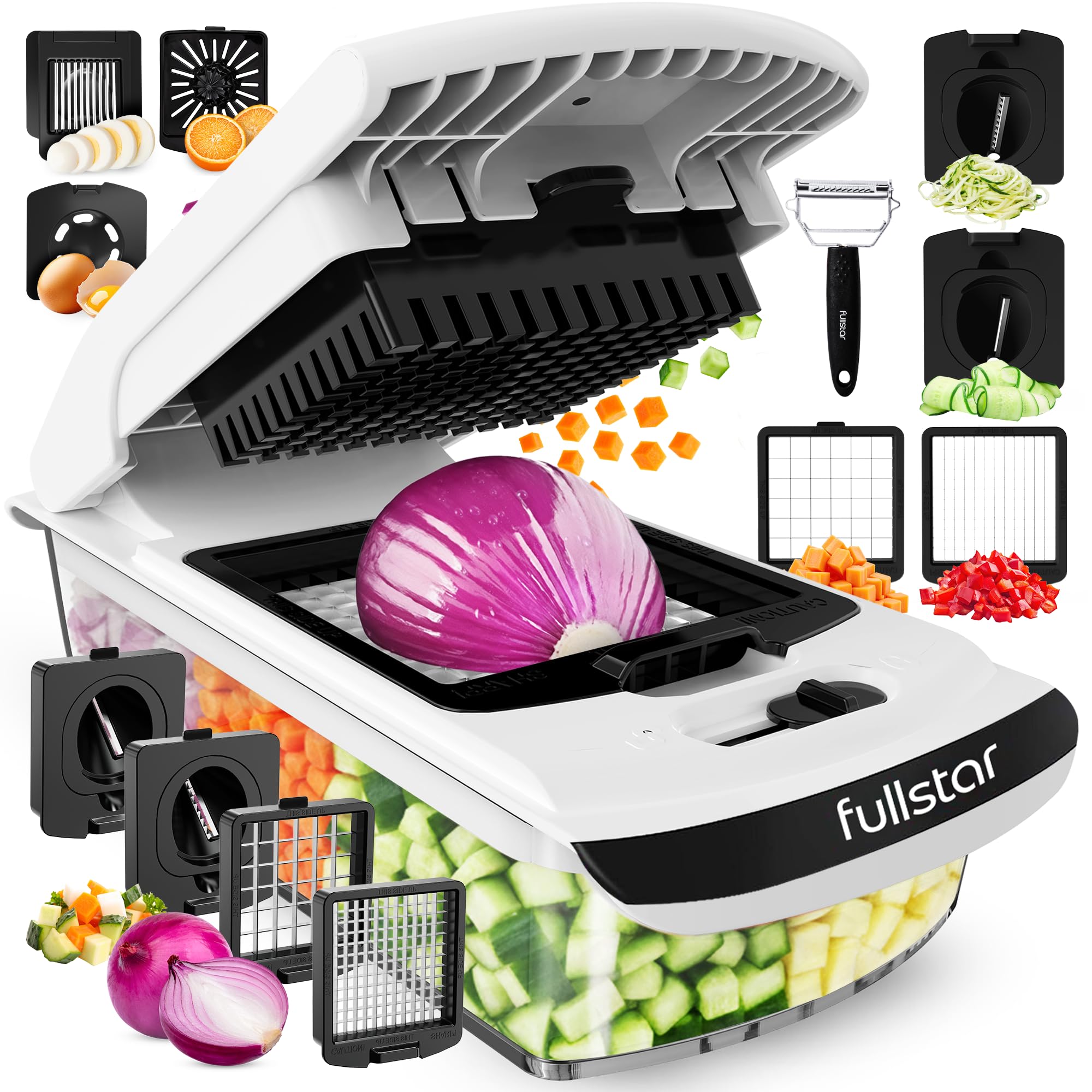 Fullstar Vegetable Chopper & Cutter - Slicer Dicer Spiralizer with Container for Food Veggie Onion Cucumber Tomato Salad Potato French Fry - Kitchen Essentials & Gadgets (PRO 4-in-1, White)