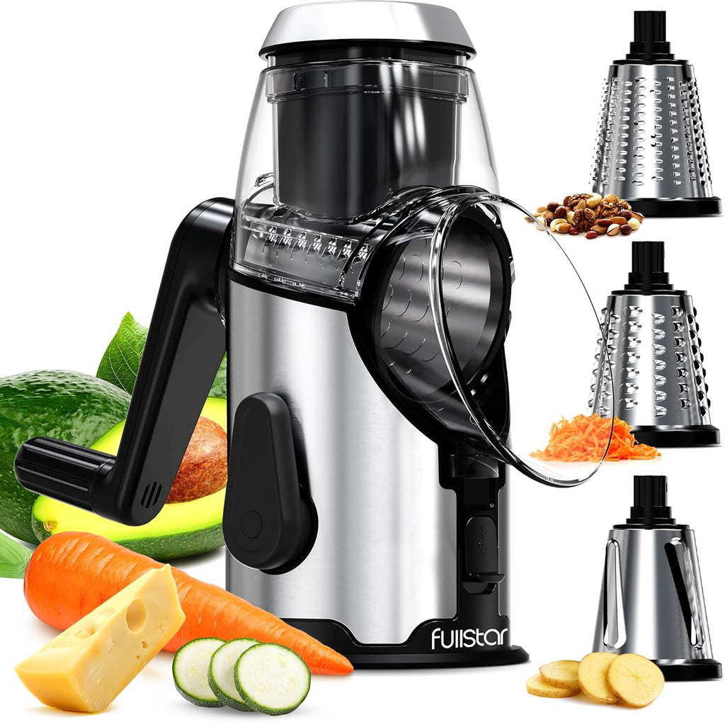 Cheese Grater Rotary Handheld - Vegetable Slicer - Stainless Steel Body & 3 Interchangeable Blades - Cheese Veggies Nuts Shredder - Non-Slip Base - Fast & Easy to Use Kitchen Gadget