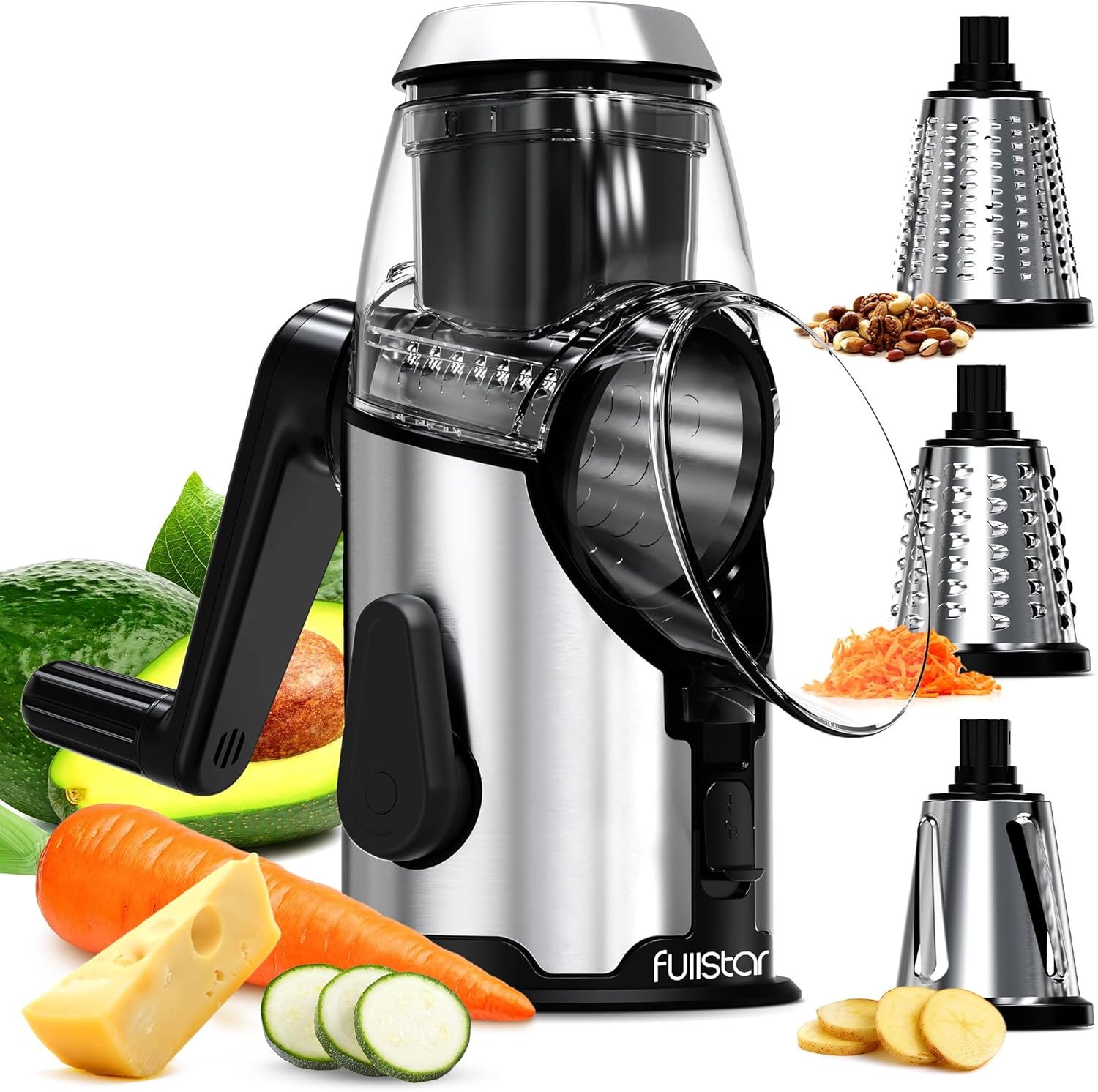 Cheese Grater Rotary Handheld - Vegetable Slicer - Stainless Steel Body & 3 Interchangeable Blades - Cheese Veggies Nuts Shredder - Non-Slip Base - Fast & Easy to Use Kitchen Gadget