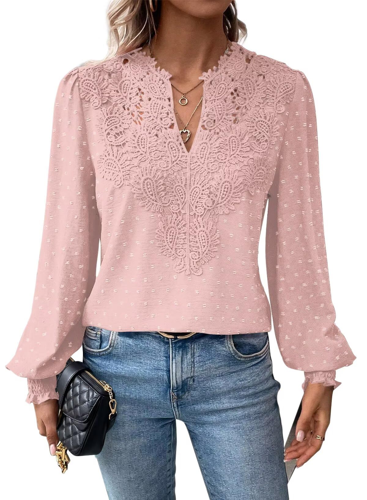 Falechay Womens Tops Swiss Dot Boho Long Sleeve Shirts V Neck Casual Chiffon Blouses Flowy Lace Hem Cute Clothing Trendy 2026