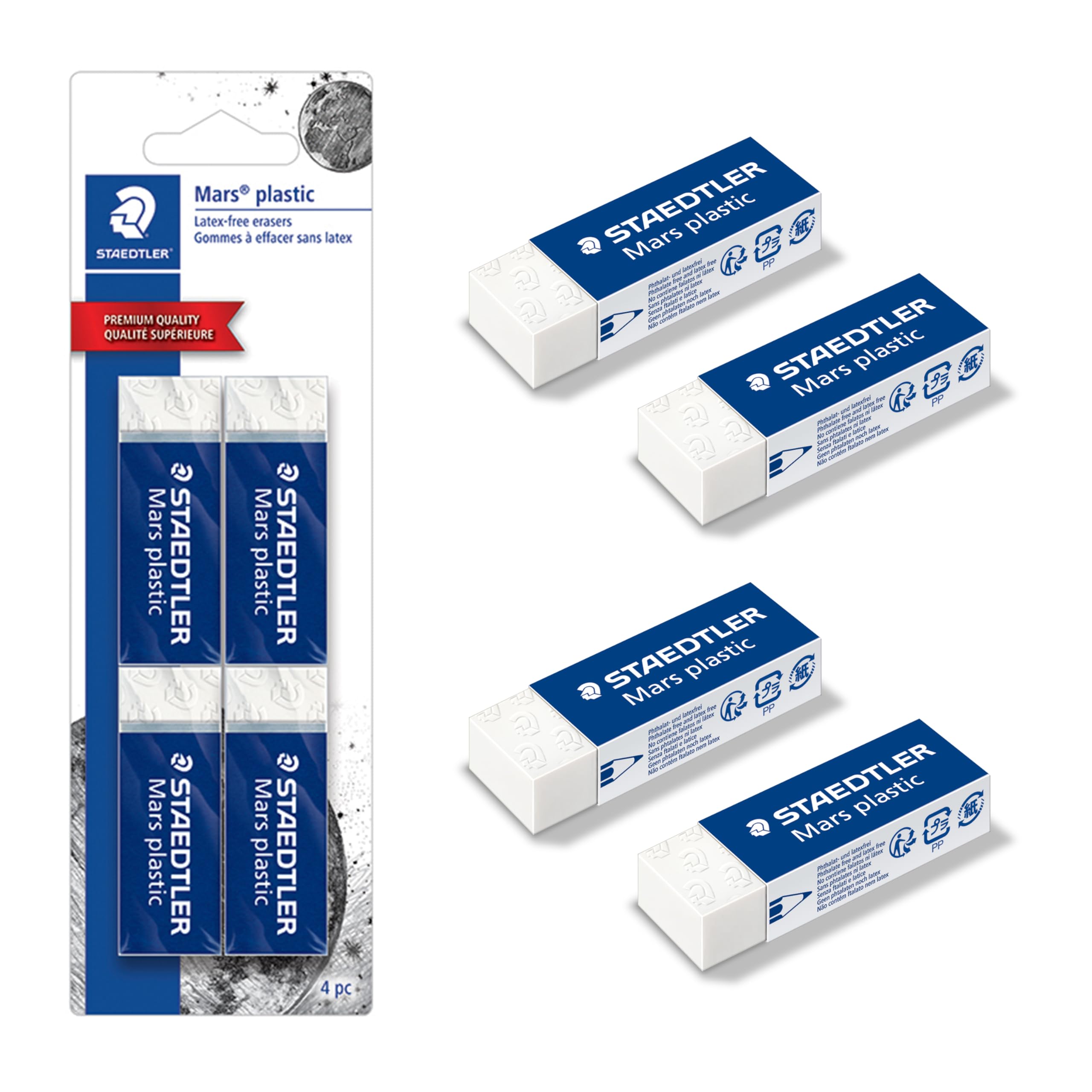 Pack de 4 gommes à effacer STAEDTLER blanches, en boîte, sans latex.