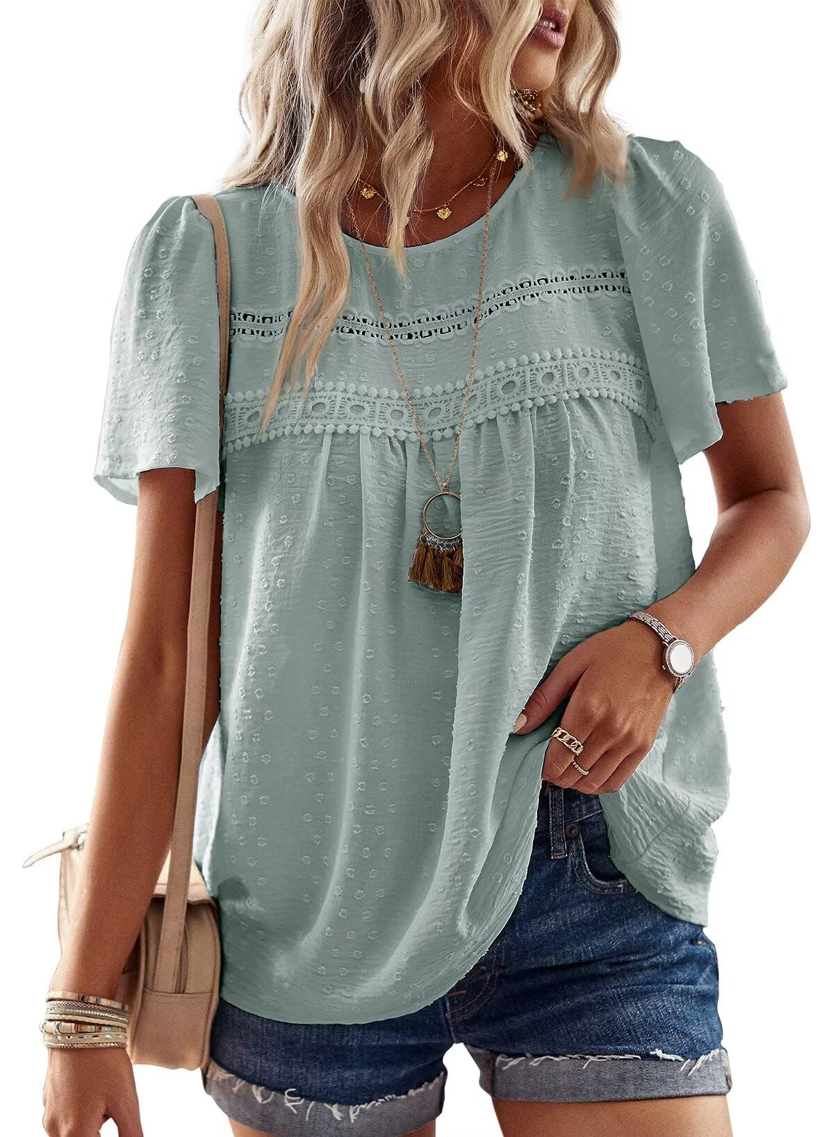 Falechay Womens Summer Tops Crewneck Short Sleeve Shirts Casual Chiffon Blouses Flowy Lace Hem Boho Clothing Trendy 2026