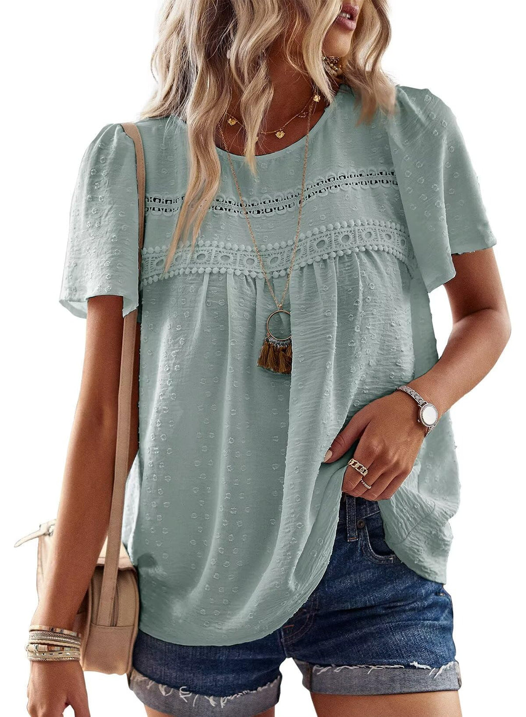 Falechay Womens Summer Tops Crewneck Short Sleeve Shirts Casual Chiffon Blouses Flowy Lace Hem Boho Clothing Trendy 2026