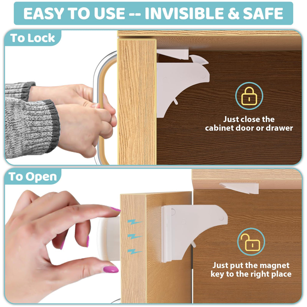 4our Kiddies 12 Pack Child Safety Magnetic Cabinet Locks with 2 Keys, No Drill Baby Proofing Drawer Locks for Baby Safety, Invisible Adhesive Magnetic Cupboard Locks for Kitchen Cabinet and Drawers