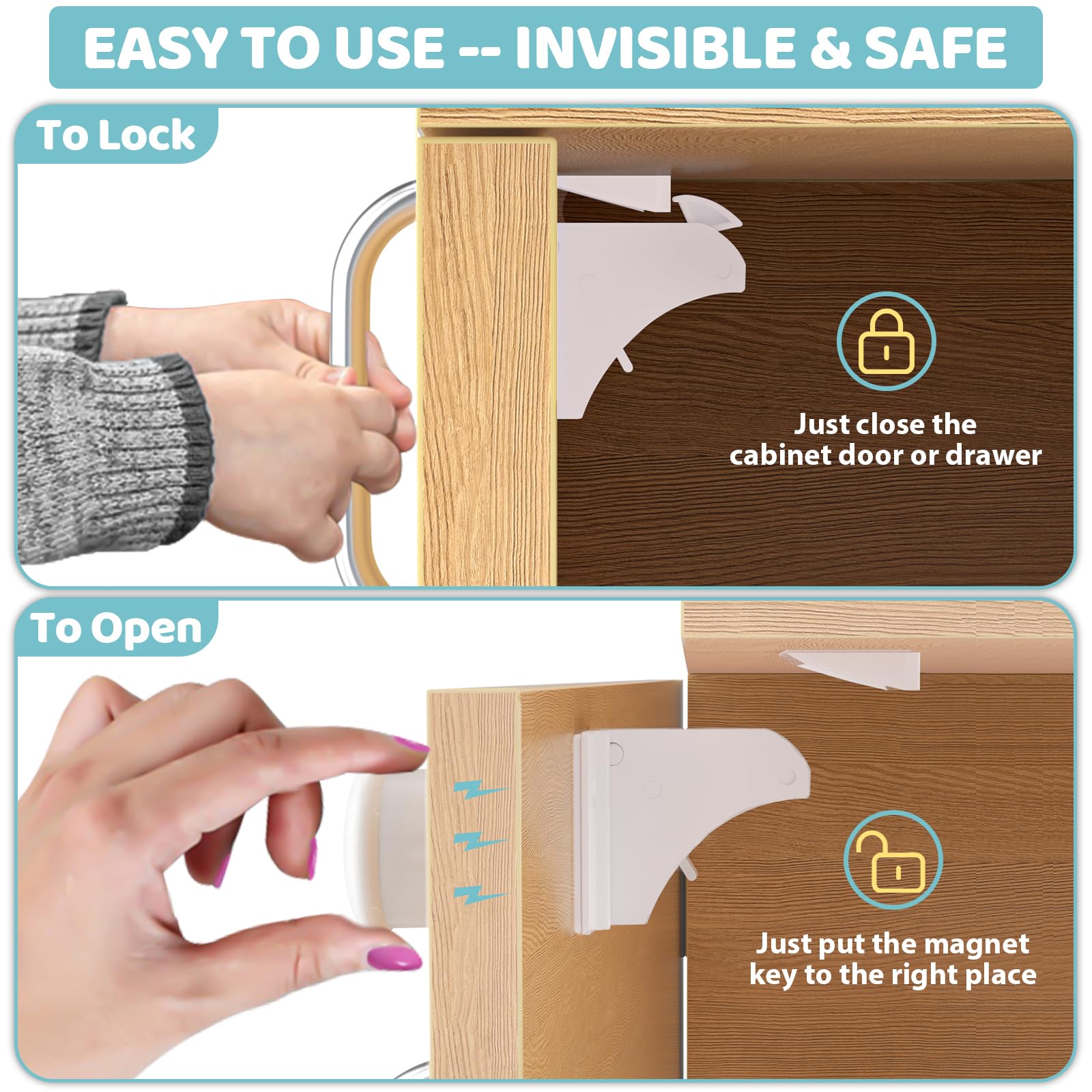 4our Kiddies 12 Pack Child Safety Magnetic Cabinet Locks with 2 Keys, No Drill Baby Proofing Drawer Locks for Baby Safety, Invisible Adhesive Magnetic Cupboard Locks for Kitchen Cabinet and Drawers