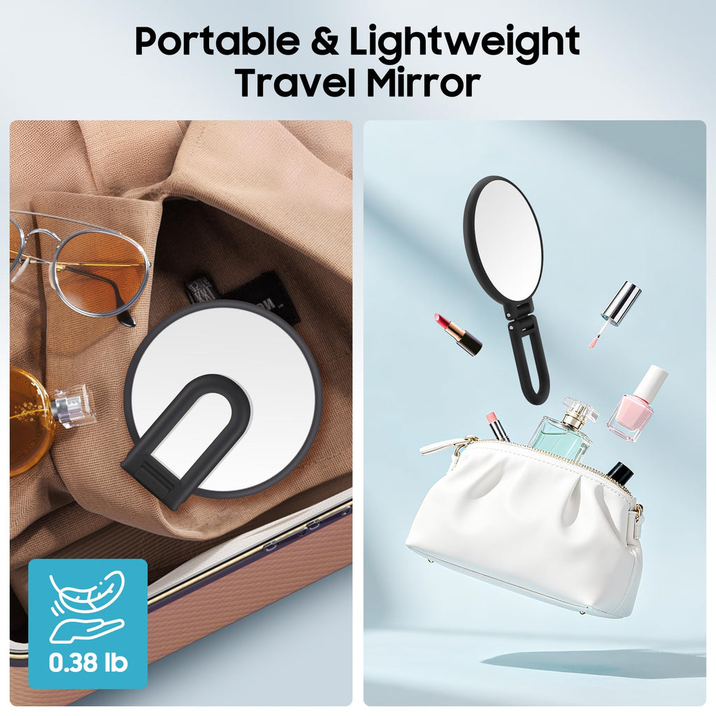 Miroir de maquillage compact à manche, cadre noir, surface ronde pour voyage