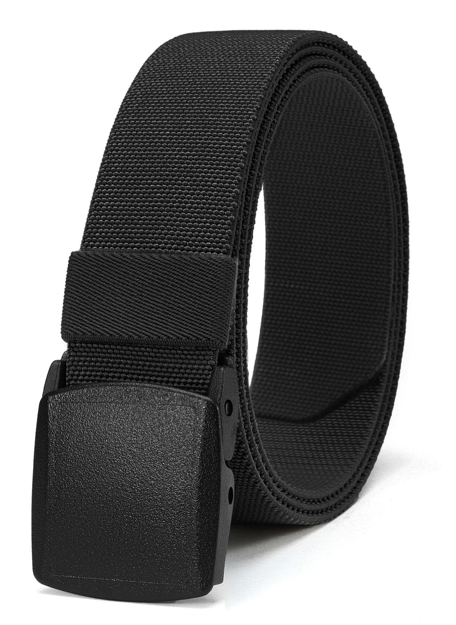 Ceinture élastique en nylon noire avec boucle rectangulaire en plastique et sangle texturée.