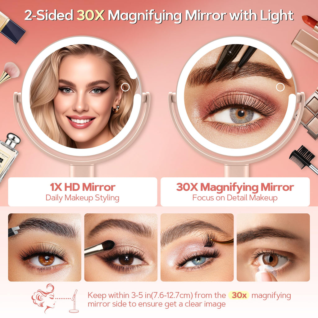 Miroir de maquillage lumineux double face 1x et grossissement, cadre rose