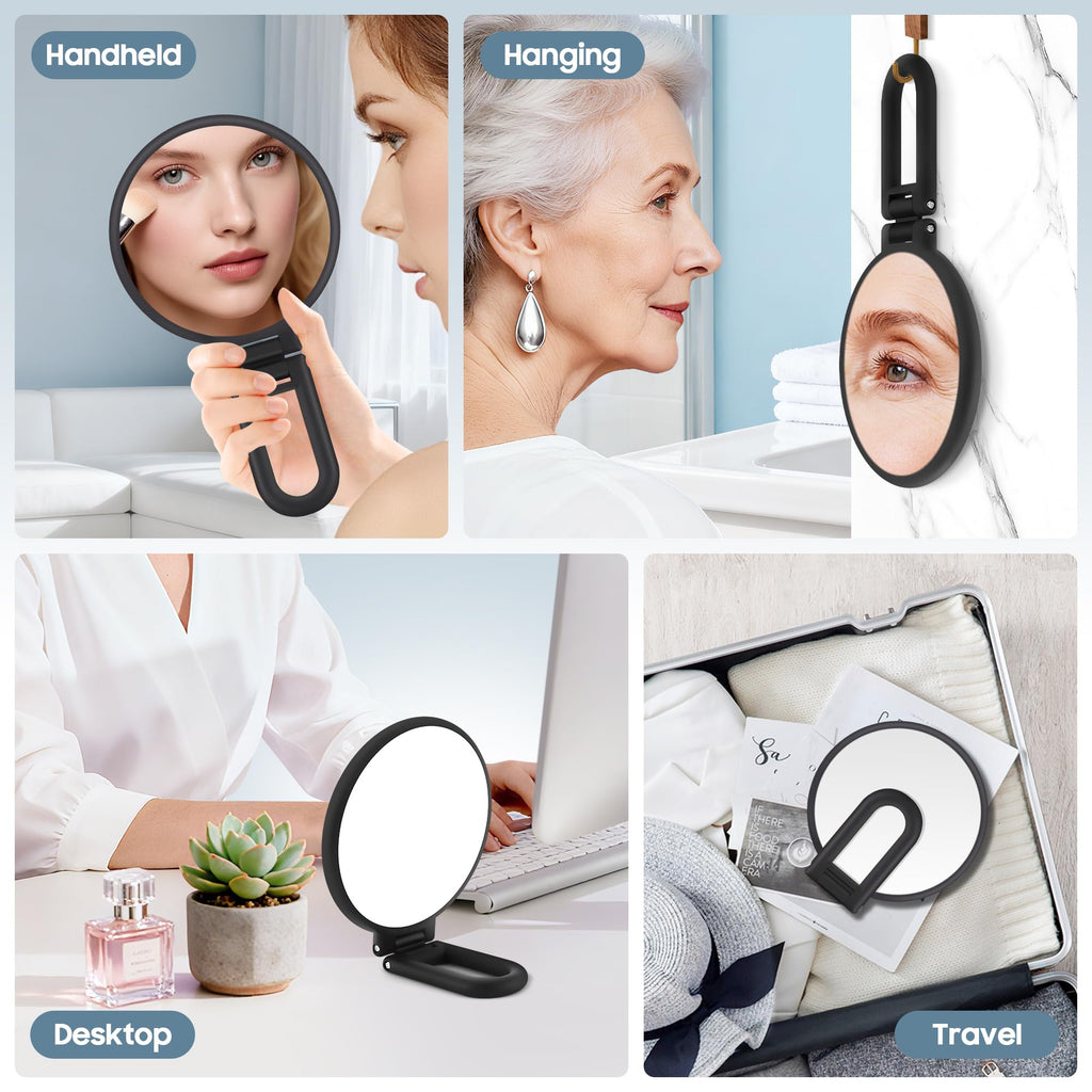 Miroir de maquillage portatif double face à manche, cadre noir et miroir rond