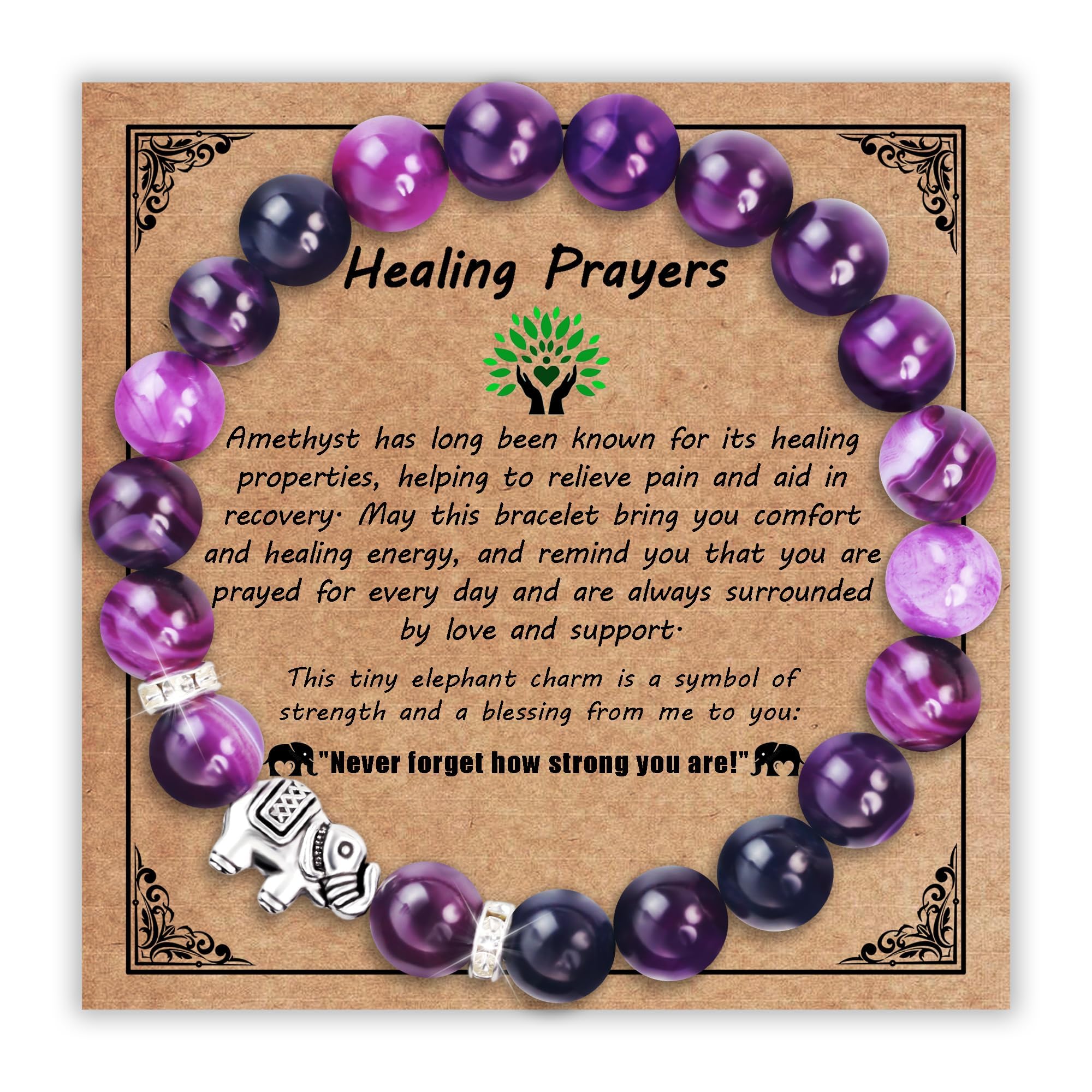 Bracelet de protection à perles violettes, fermoir élastique et breloque éléphant argentée.