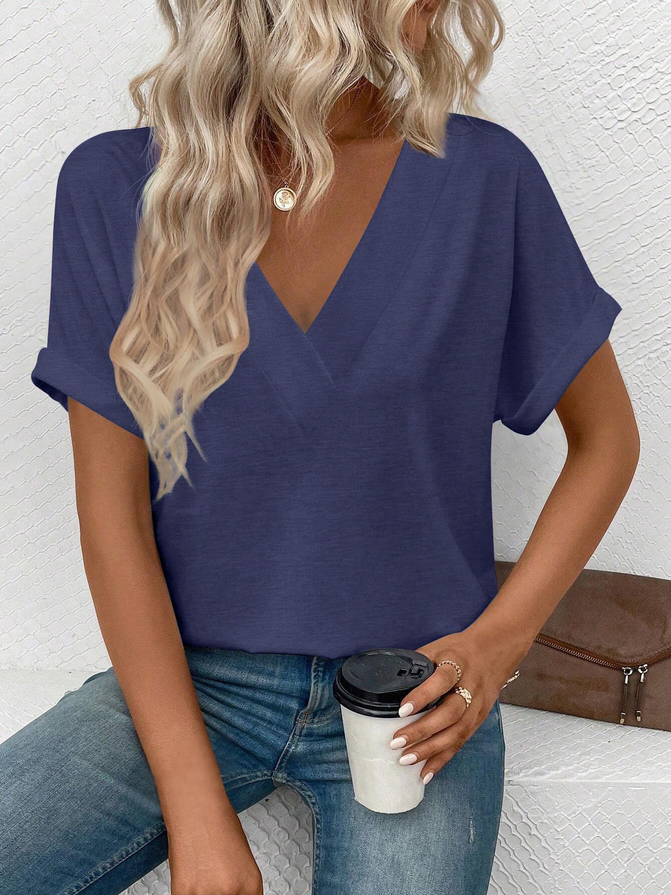isermeo Womens T Shirts Short Sleeve V Neck Tees Fashion Tops 2026 Trendy Soft Casual Blouse Summer Outfits S-XXL