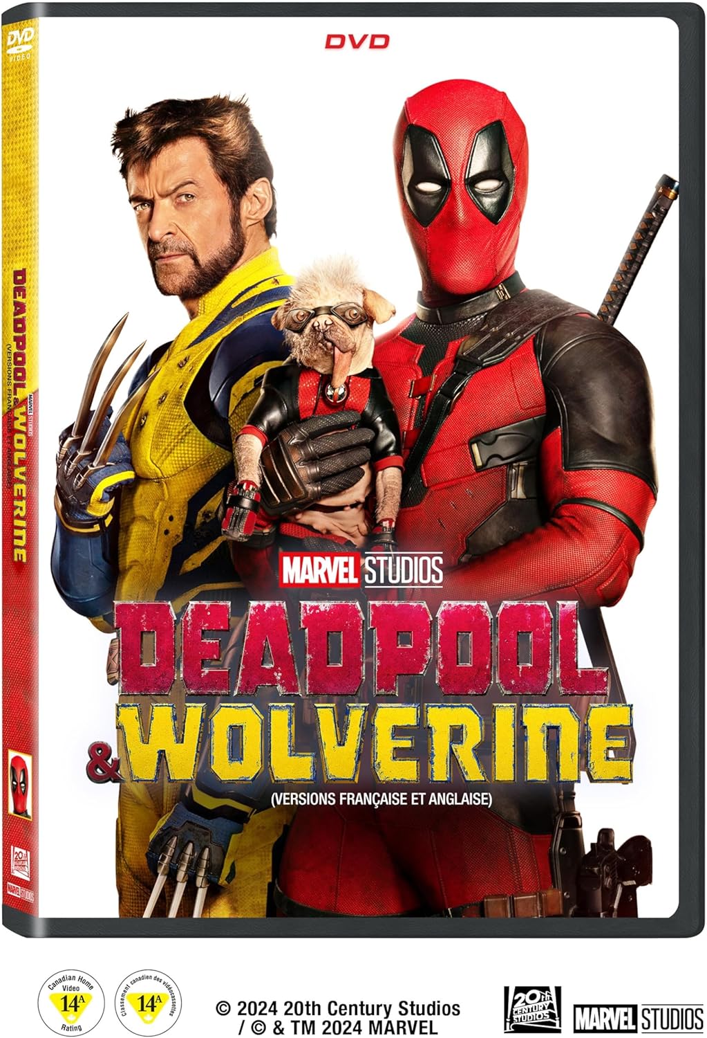 Boîtier DVD Deadpool & Wolverine, visuels des héros rouges et bleus