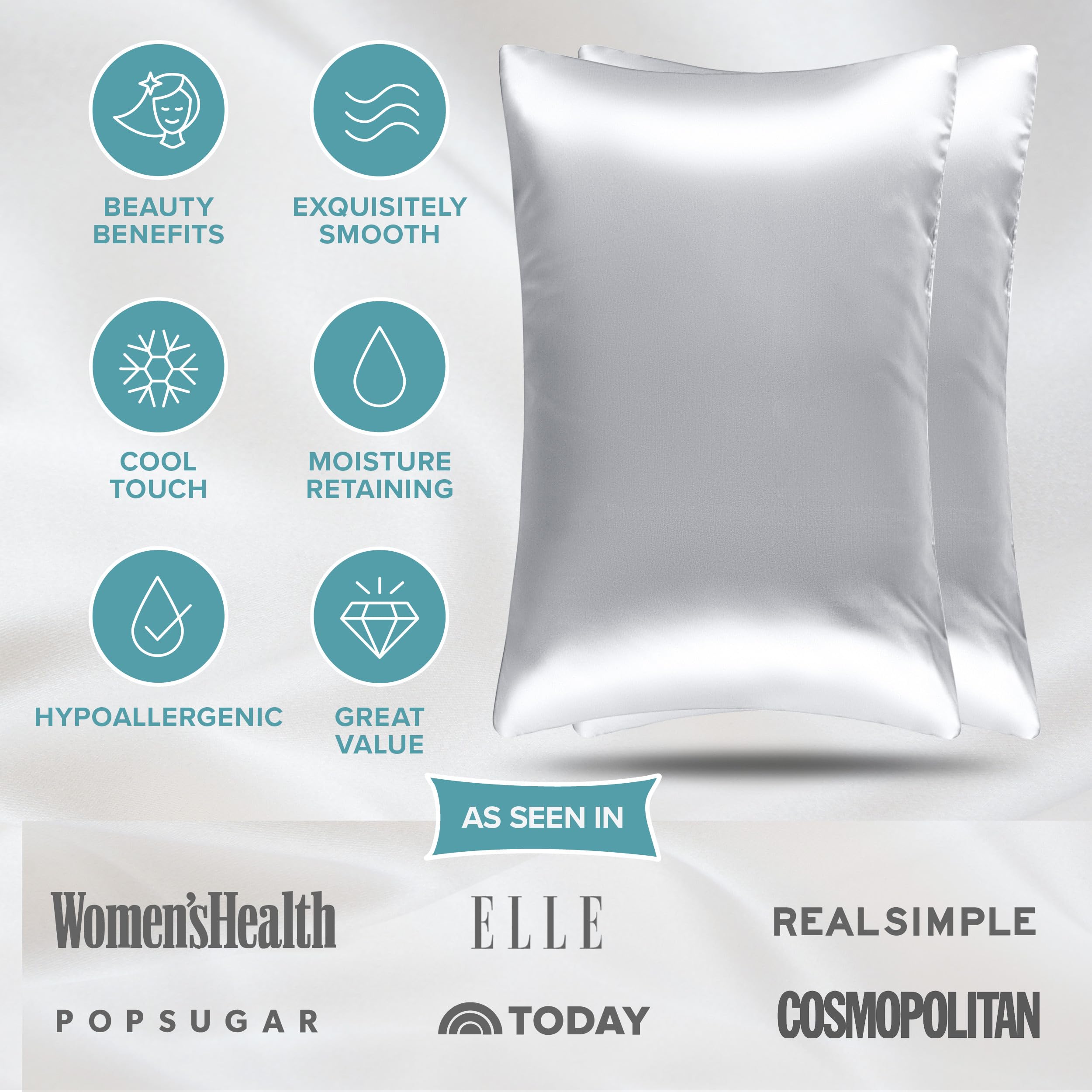 Bare Home 100% Mulberry Silk Pillowcase for Hair and Skin - Ultra Premium 6A Grade 19 Momme Silk Pillow Case - Hidden Zipper - Breathable Cooling Pillow Cover (Body, Silver)