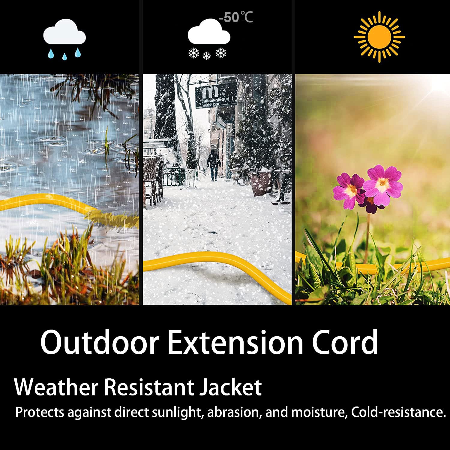 HUANCHAIN Indoor Outdoor Black Extension Cord 15 ft Waterproof, 16/3 Gauge Flexible Cold-Resistant Appliance Extension Cable Outside, 13A 1625W 16AWG SJTW, 3 Prong Electric Cord, ETL