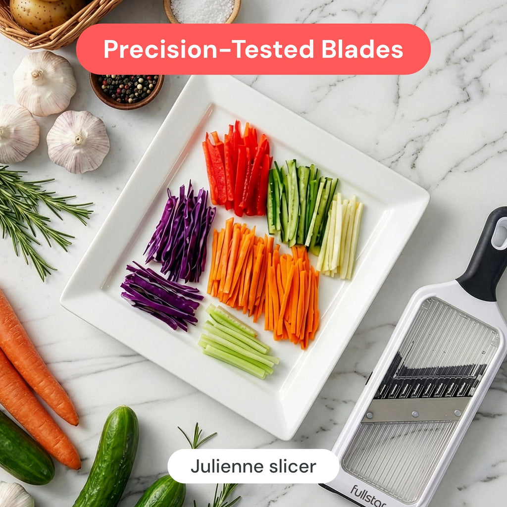 Fullstar 2-in-1 Handheld Mandoline Vegetable Slicer for Kitchen - 4 Thickness Settings - Easy to Use Veggie Slicer & Julienne Cutter - Sharp Blades with Stainless Steel Guard (Handheld 2-in-1, White)