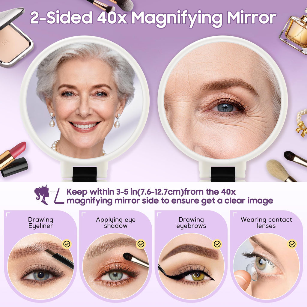 Miroir double face 40x, deux vues du visage, cadre blanc