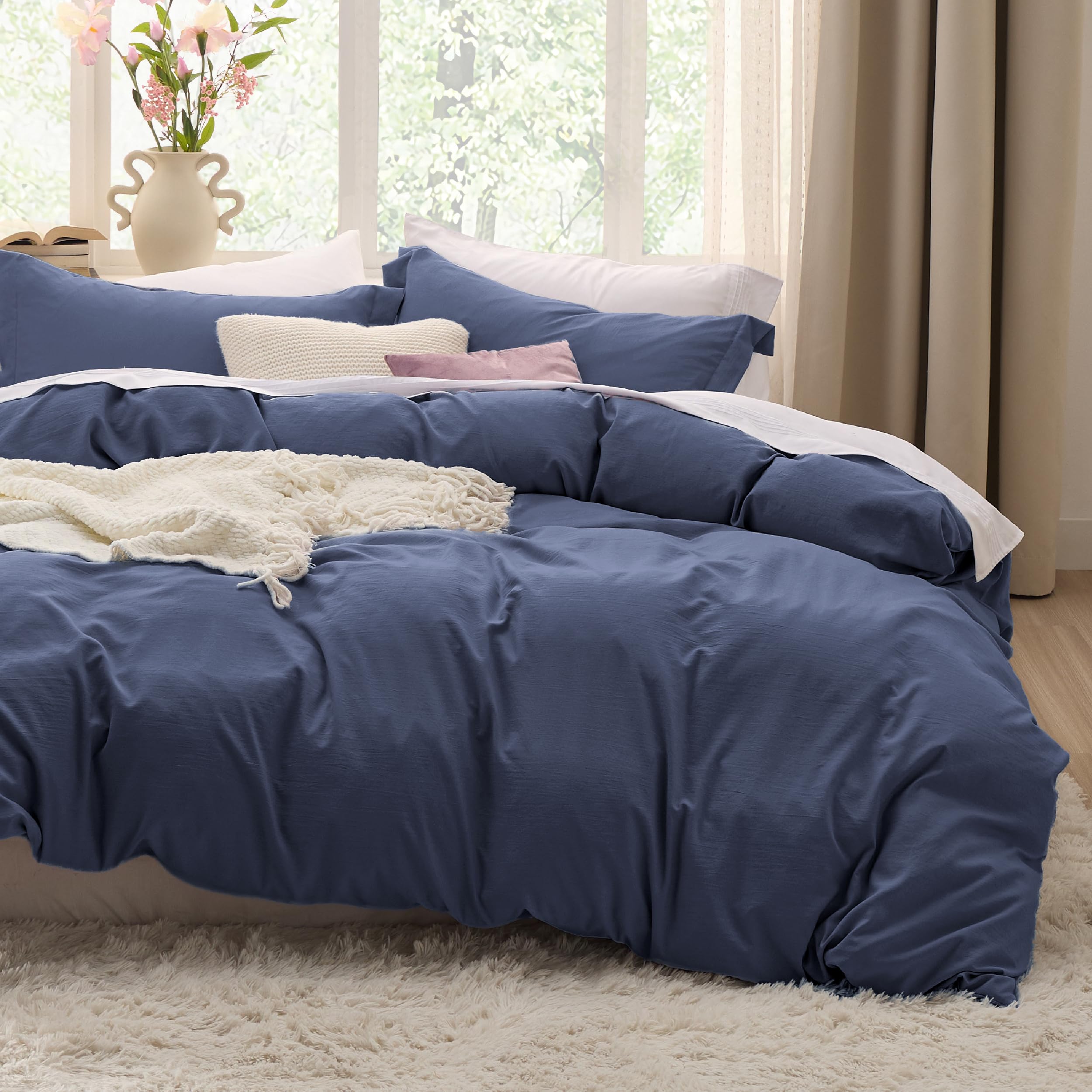 Bedsure Duvet Cover Queen Size - 3 Pieces Prewashed Cotton-Like Extra Soft Bedding Set, Includes 1 Duvet Cover 90x90 Inches with Zipper Closure & 2 Pillow Shams, Linen, Comforter Not Included