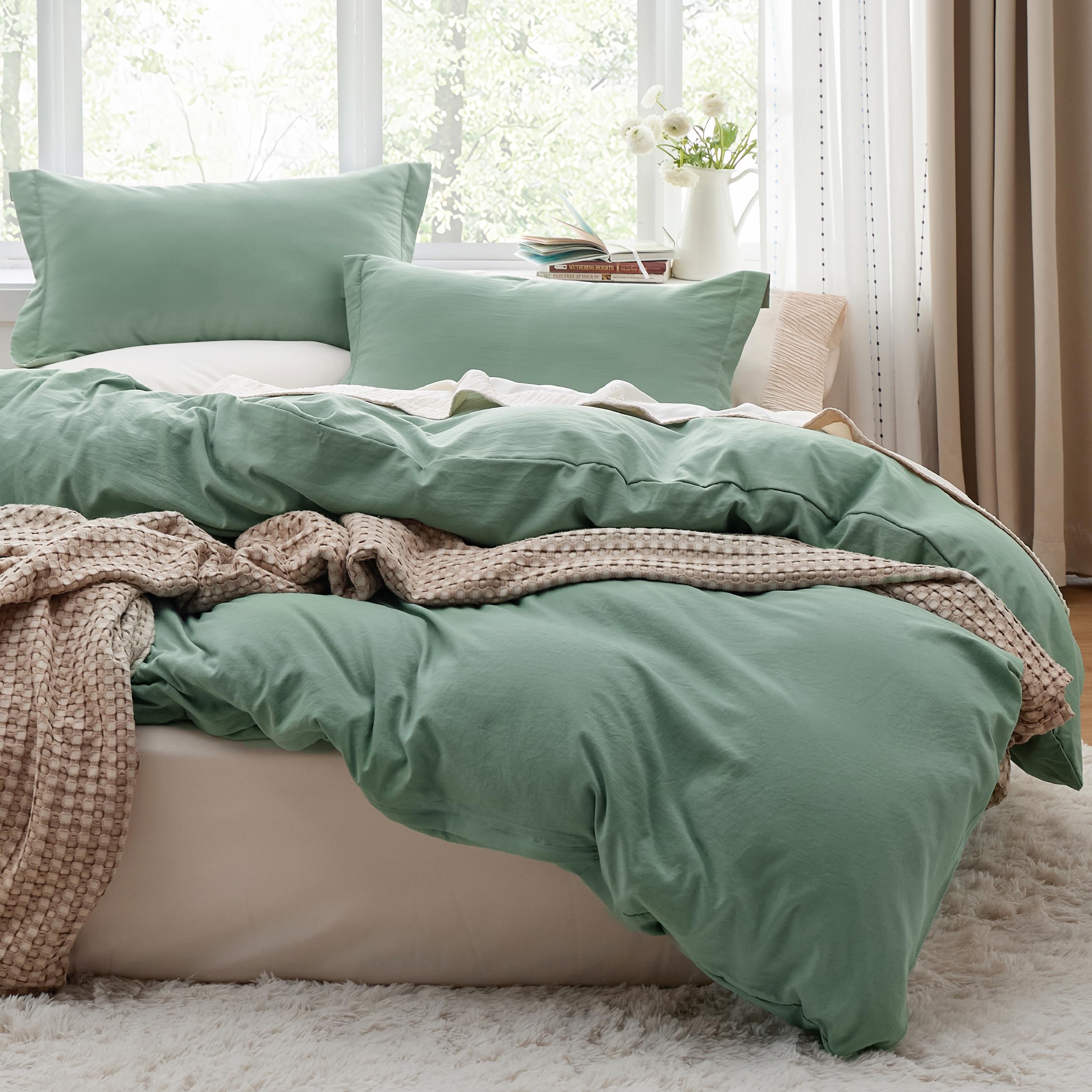 Bedsure Duvet Cover Queen Size - 3 Pieces Prewashed Cotton-Like Extra Soft Bedding Set, Includes 1 Duvet Cover 90x90 Inches with Zipper Closure & 2 Pillow Shams, Linen, Comforter Not Included