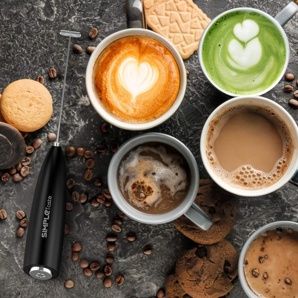 SIMPLETASTE Milk Frother Handheld Electric Foam Maker, Drink Mixer with Stainless Steel Whisk for Cappuccino, Bulletproof Coffee, Latte, Blizzard White, Without Stand, Battery Operated