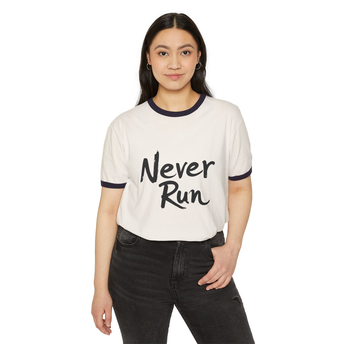 Never Run Unisex Cotton Ringer T-Shirt, Casual Tee, Motivational Shirt, Gift for Runners, Fitness Wear, Workout Clothing