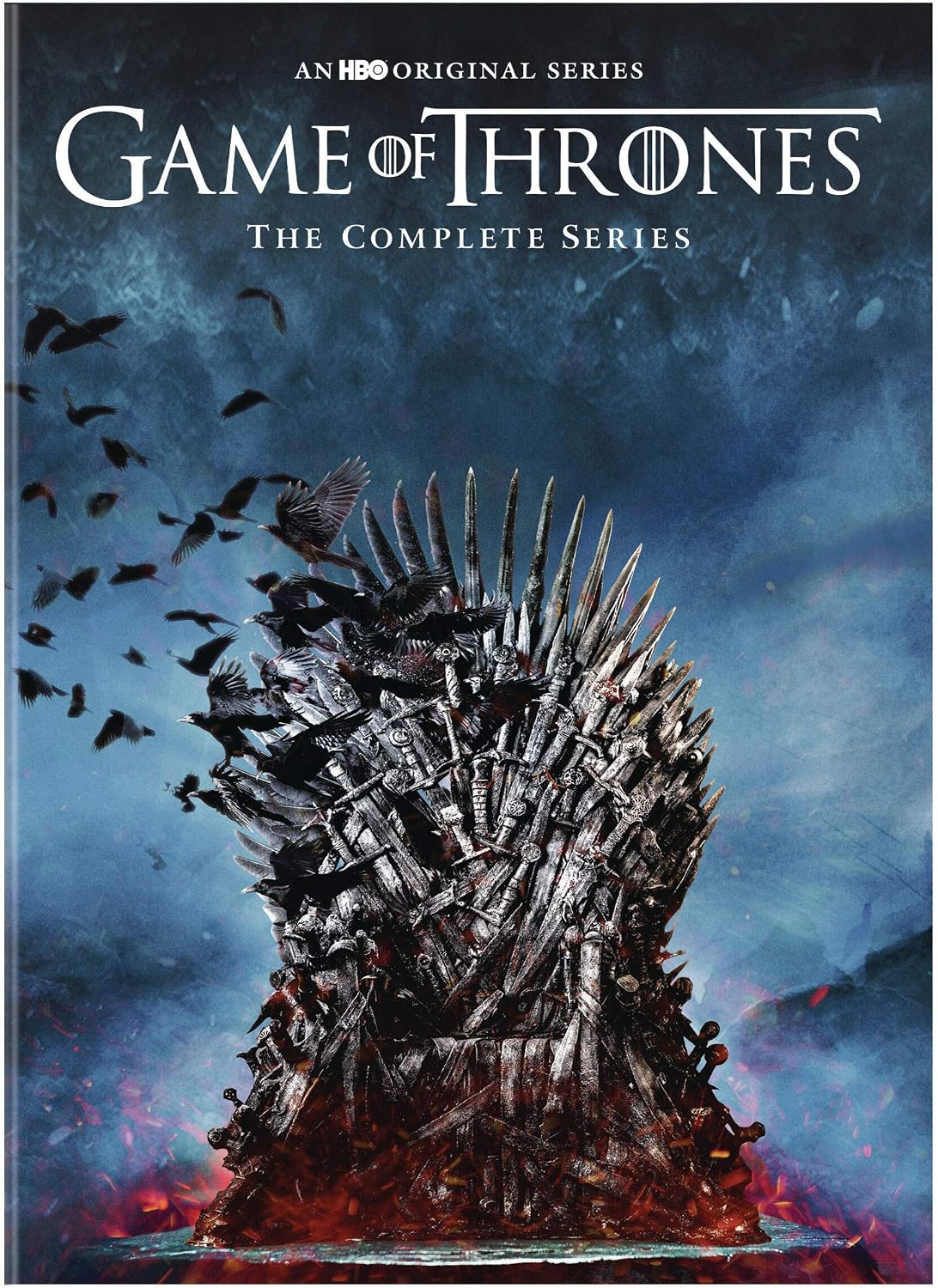 Coffret DVD « Game of Thrones », illustration du Trône de fer sur couverture bleue