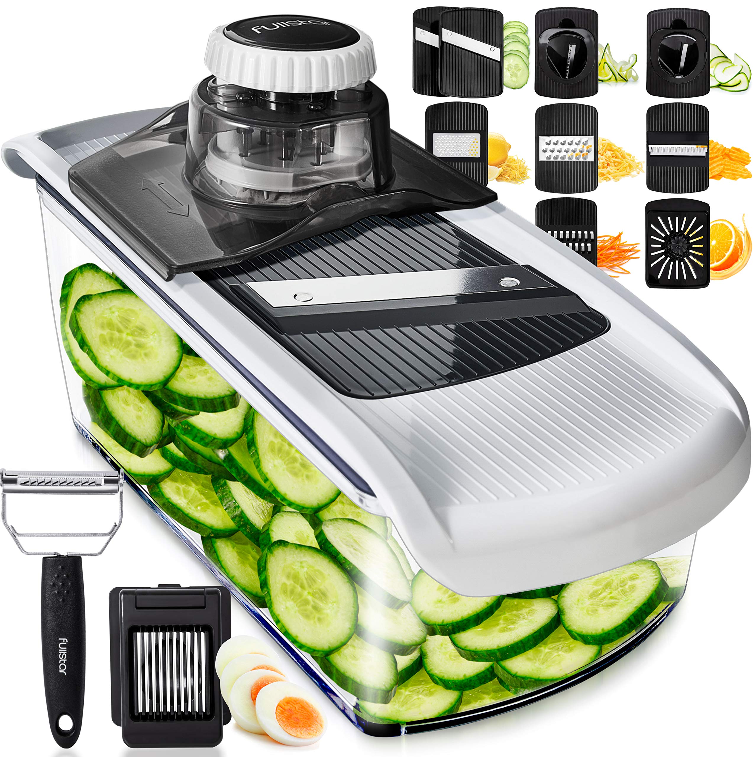 Fullstar Mandoline Slicer for Kitchen - Vegetable Slicer Spiralizer & Julienne Cutter for Veggie Cucumber Onion Potato Carrot - Cheese Grater - Kitchen Essentials Tools & Gadgets (PRO 6-in-1, White)