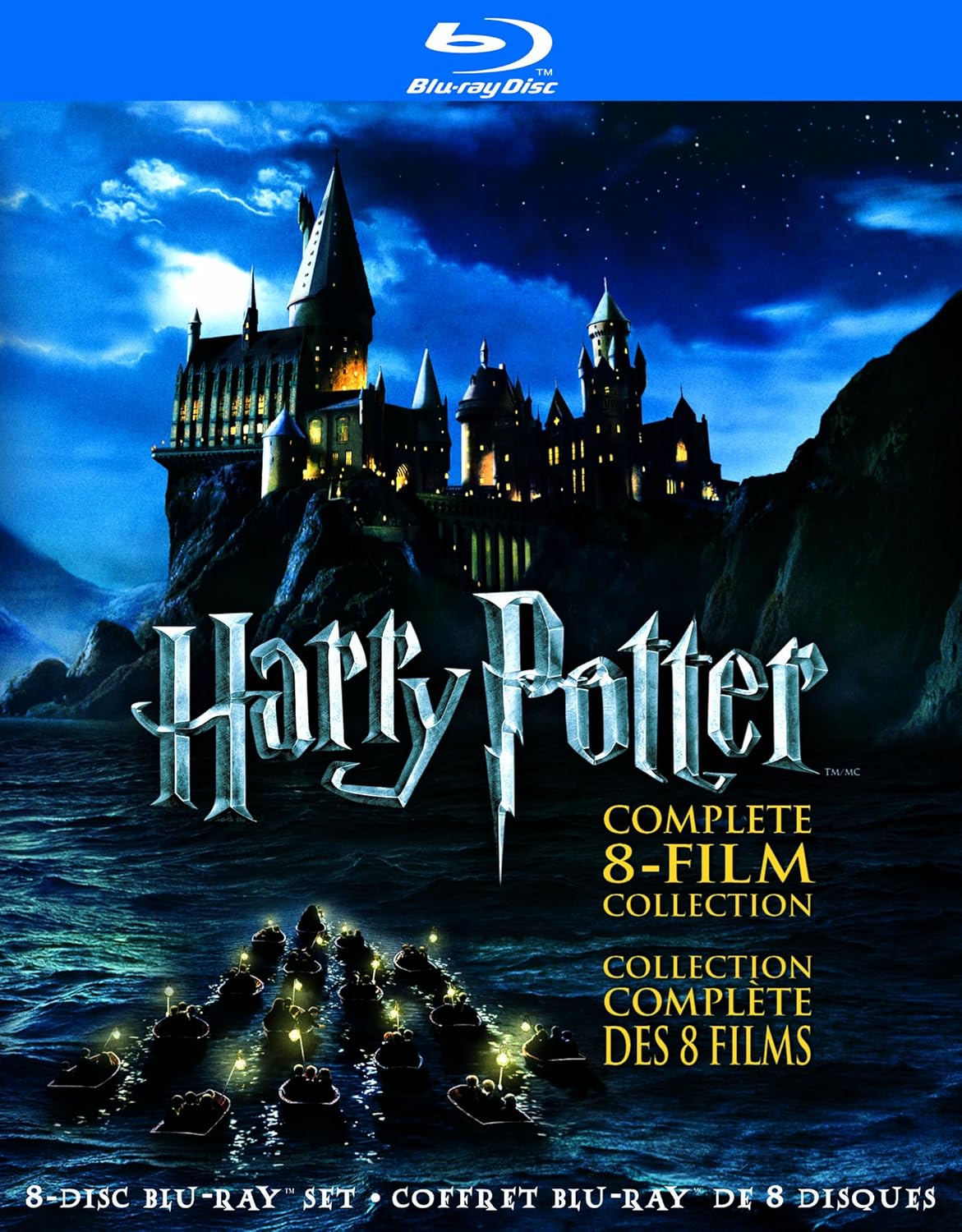 Coffret Blu-ray Harry Potter, couverture avec château et titre « Complete 8-Film Collection »