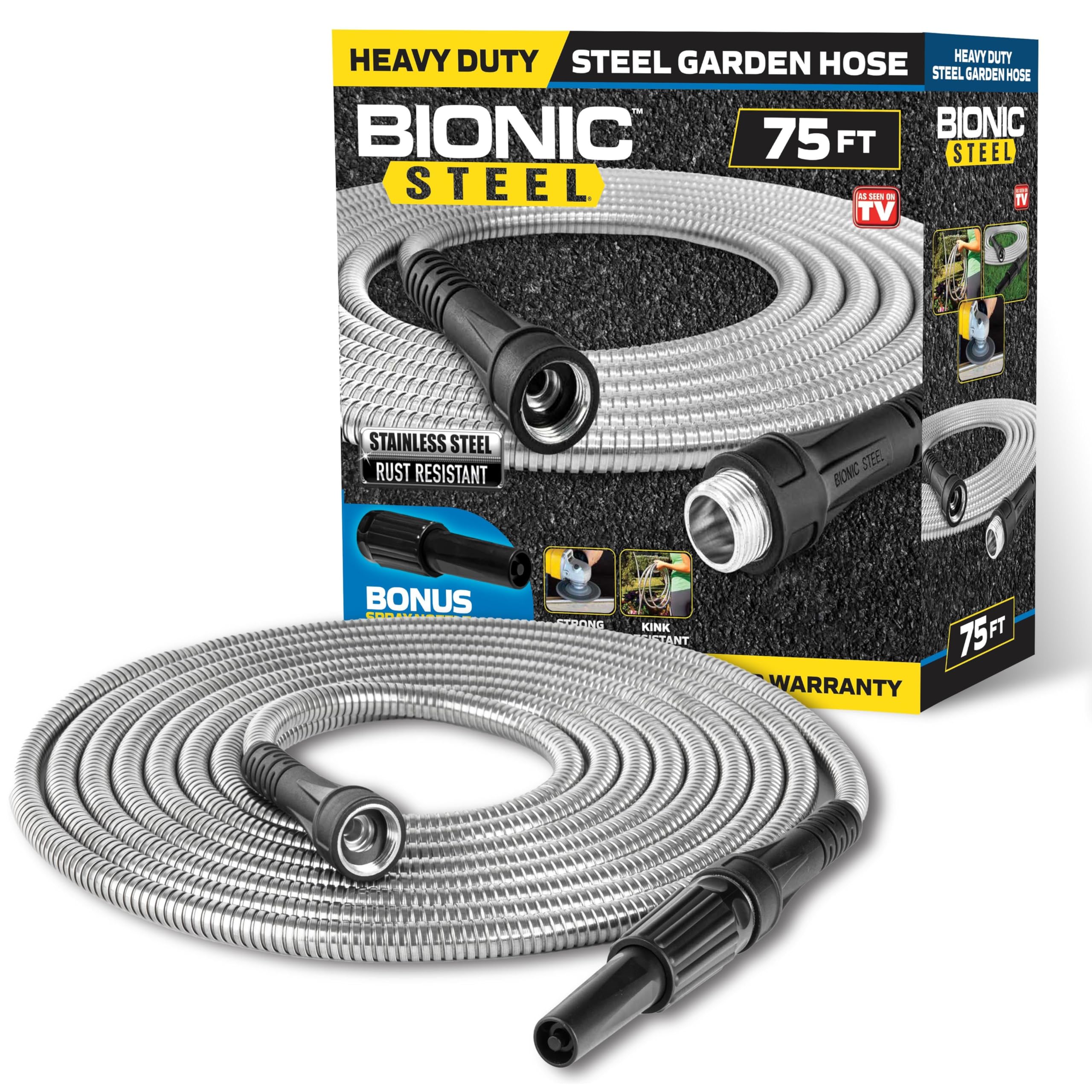 Tuyau d’arrosage en acier inox enroulé, embouts noirs et raccords métalliques.