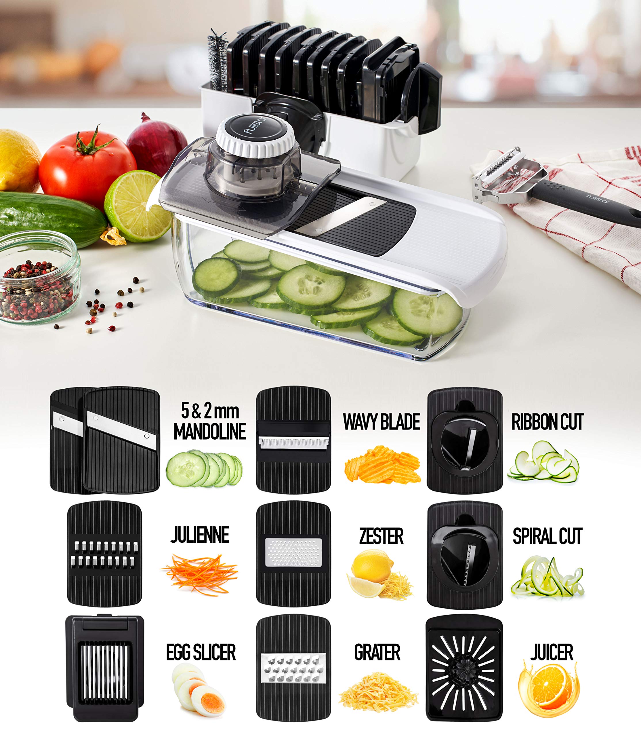Fullstar Mandoline Slicer for Kitchen - Vegetable Slicer Spiralizer & Julienne Cutter for Veggie Cucumber Onion Potato Carrot - Cheese Grater - Kitchen Essentials Tools & Gadgets (PRO 6-in-1, White)