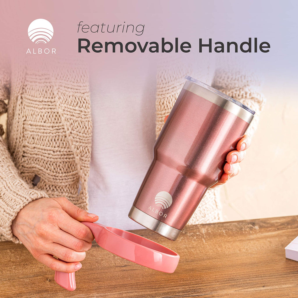 ALBOR Coffee Travel Mug with Handle 30oz/900ml - Stainless Steel Travel Coffee Mug - Insulated Tumbler with Straw and Lid - Tasse a Cafe Isotherme - Insulated Coffee Mug Travel - Rose Gold