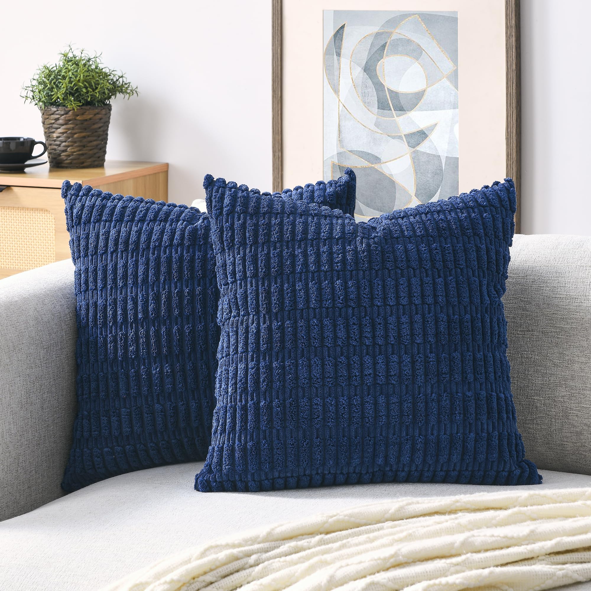 Housse de coussin carrée côtelée rayée, lot de 2, bleu foncé