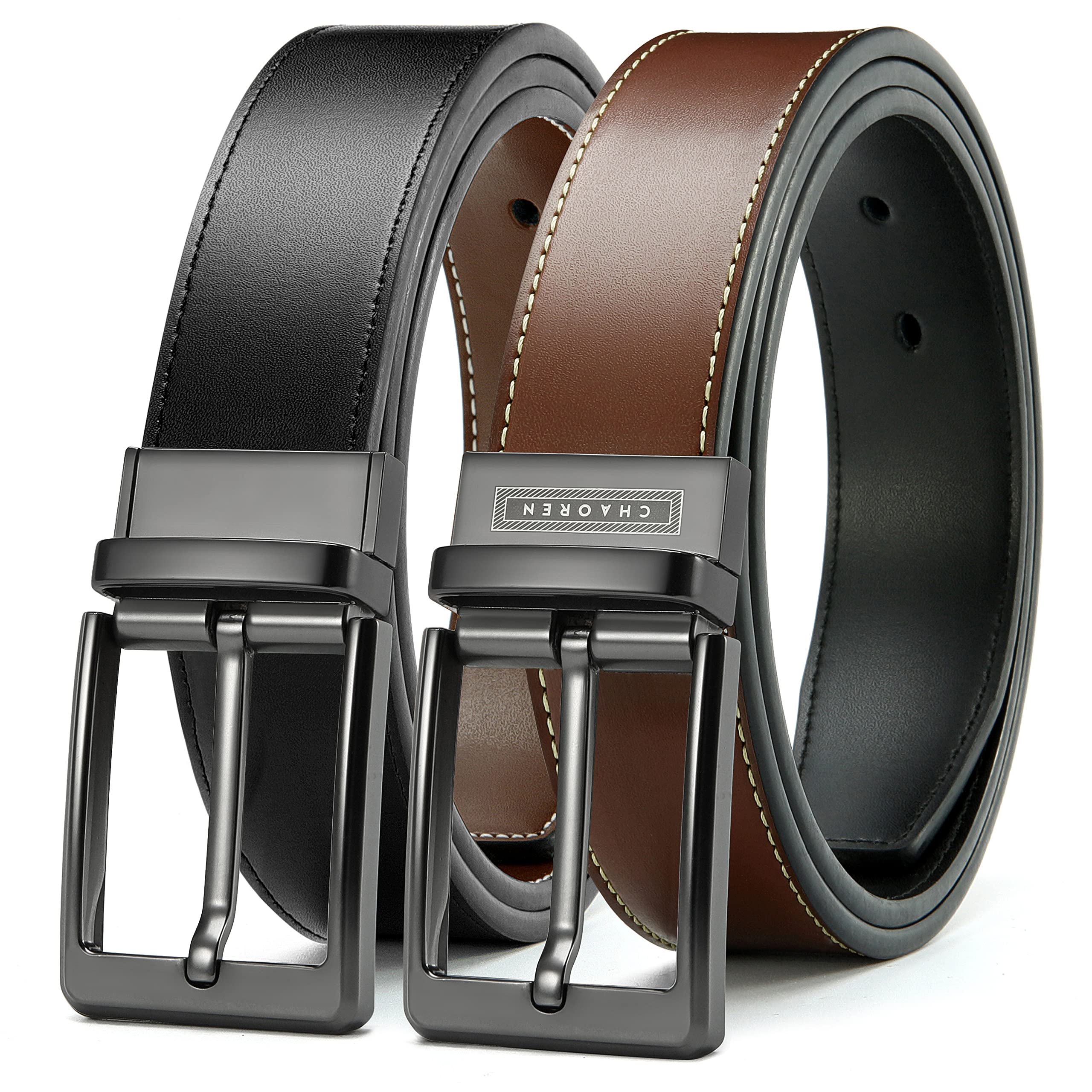 CHAOREN Reversible Mens Belt 1 Piece - 1 3/8" Mens Belts Leather for Casual Jeans Dress - One Belt, Two Colors