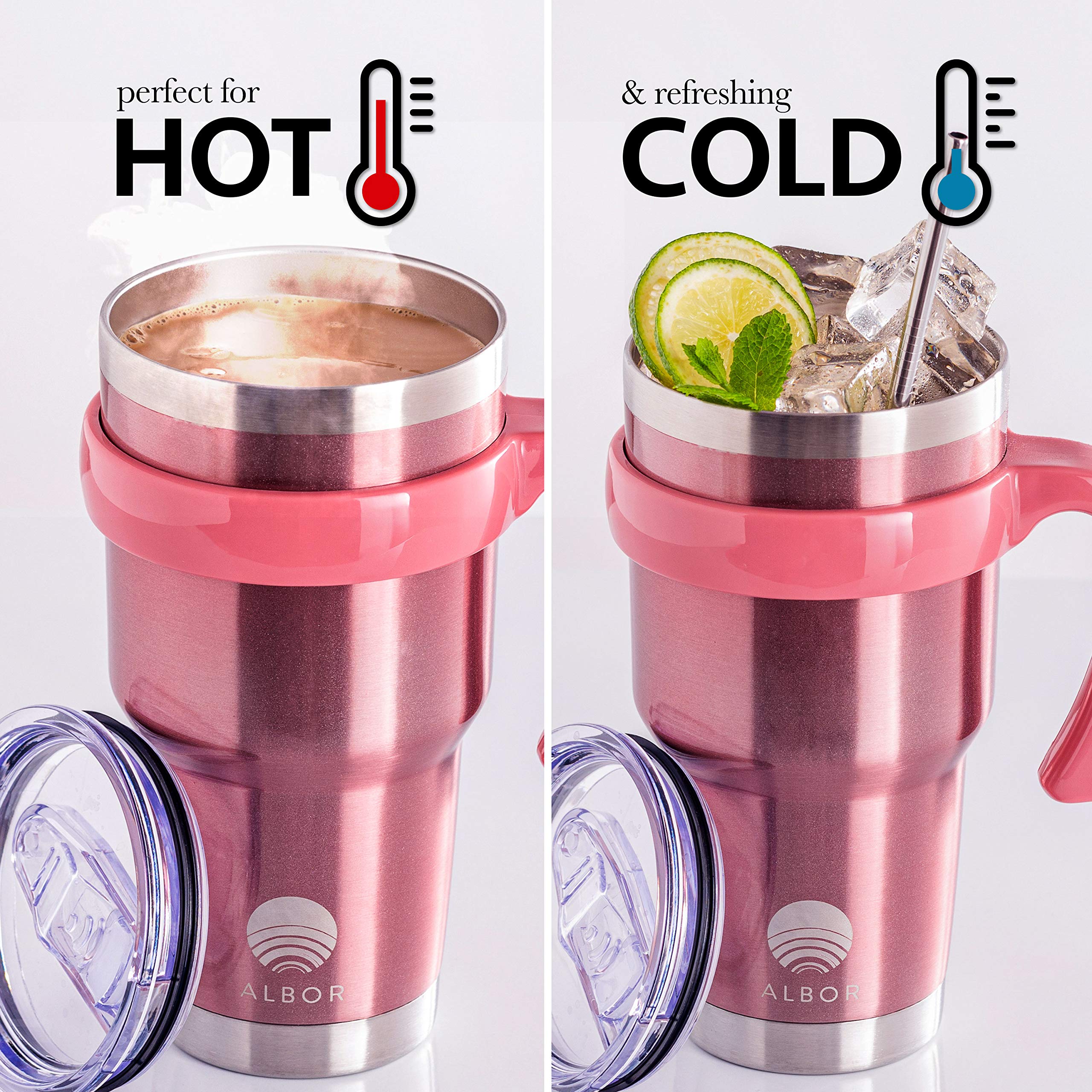 ALBOR Coffee Travel Mug with Handle 30oz/900ml - Stainless Steel Travel Coffee Mug - Insulated Tumbler with Straw and Lid - Tasse a Cafe Isotherme - Insulated Coffee Mug Travel - Rose Gold