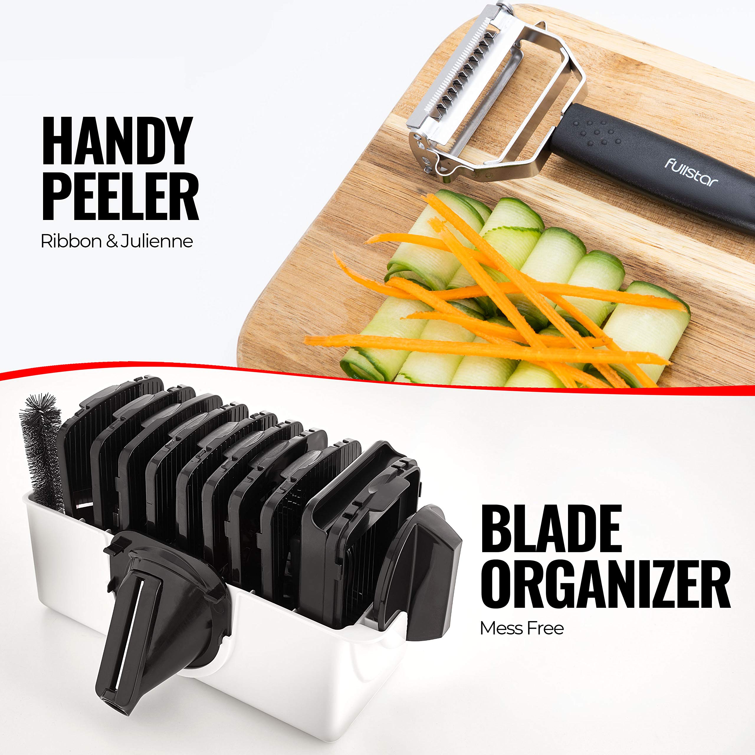 Fullstar Mandoline Slicer for Kitchen - Vegetable Slicer Spiralizer & Julienne Cutter for Veggie Cucumber Onion Potato Carrot - Cheese Grater - Kitchen Essentials Tools & Gadgets (PRO 6-in-1, White)