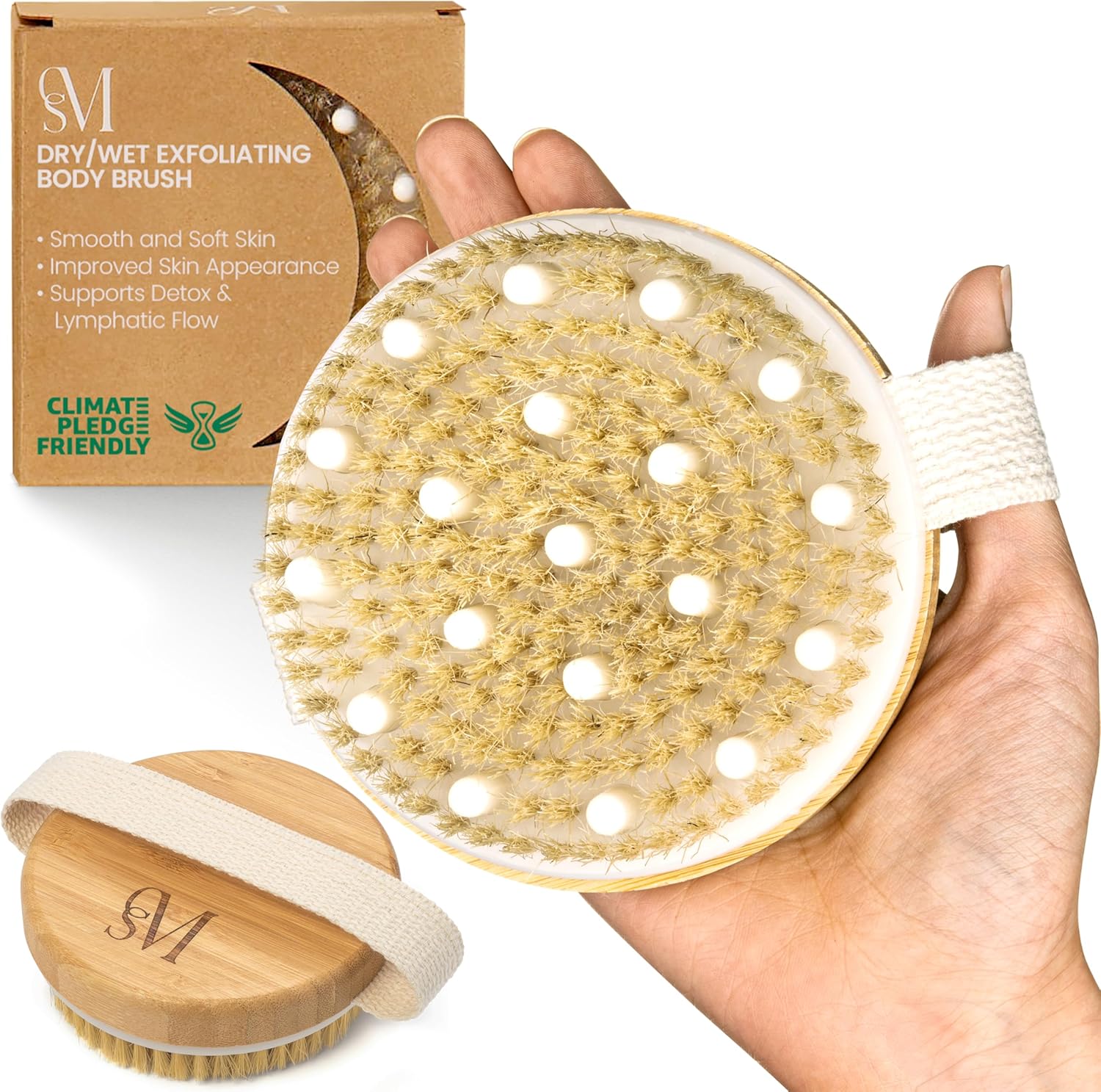 Brosse de bain ronde avec base en bois et soies de sanglier, sangle crème